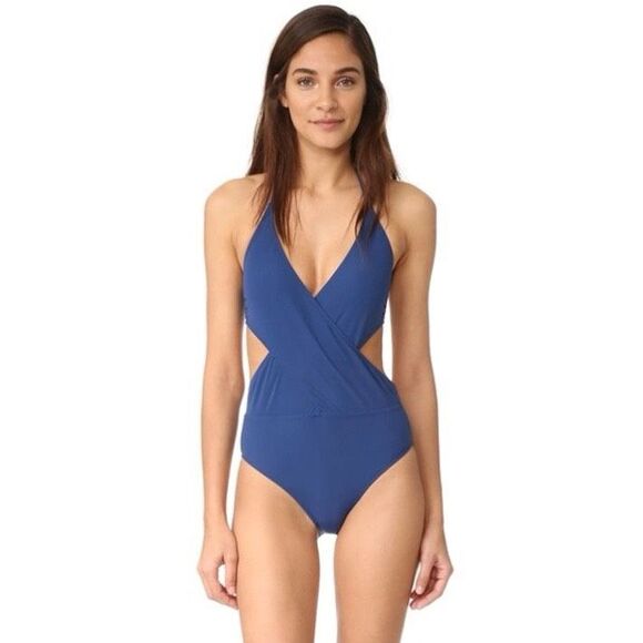TORY BURCH SOLID WRAP-FRONT ONEPIECE SWIMSUIT - CAPRI BLUE